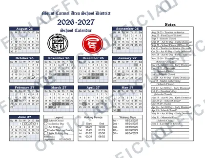 Mount Carmel Area School District 2026-27 calendar