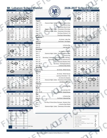 Mt. Lebanon School District PA District 2026-27 calendar