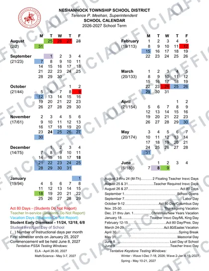 NESHANNOCK TOWNSHIP SCHOOL DISTRICT 2026-27 calendar