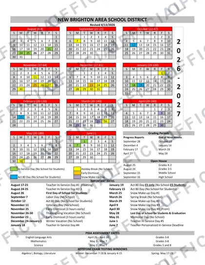 NEW BRIGHTON AREA SCHOOL DISTRICT 2026-27 calendar