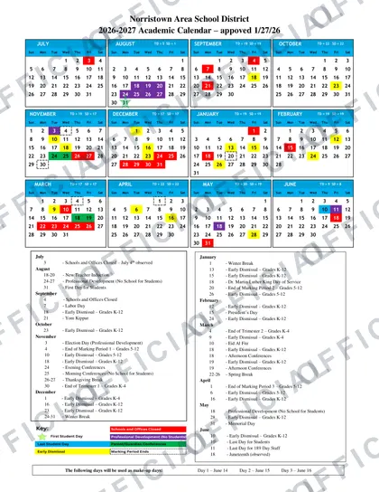 Norristown Area School District 2026-27 calendar