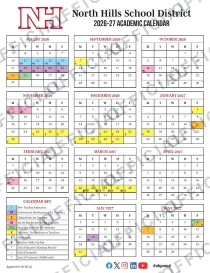 North Hills School District 2026-27 calendar