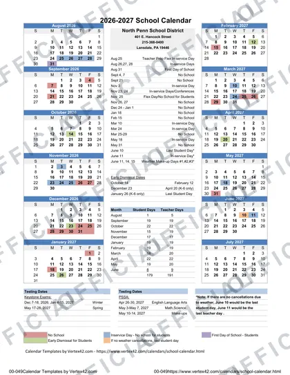North Penn School District 2026-27 calendar