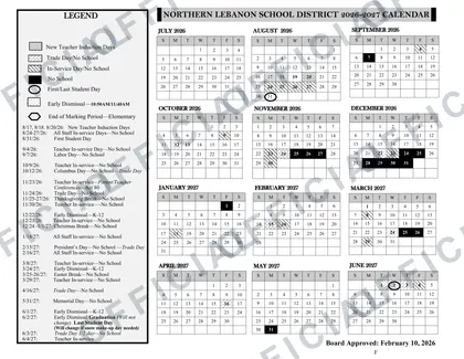 Northern Lebanon School District 2026-27 calendar