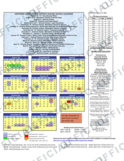 Northern Lehigh School District 2026-27 calendar