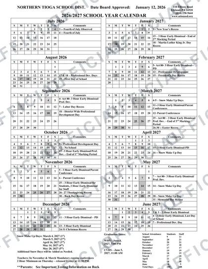 Northern Tioga School Dist. 2026-27 calendar
