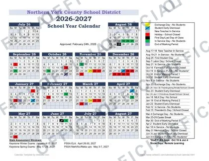 Northern York County School District 2026-27 calendar