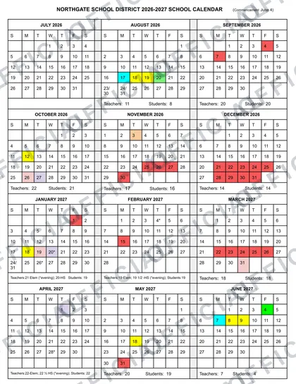 NORTHGATE SCHOOL DISTRICT 2026-27 calendar