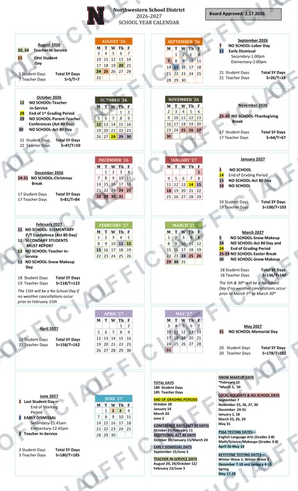 Northwestern School District 2026-27 calendar