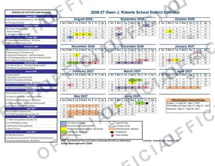 Owen J. Roberts School 2026-27 calendar