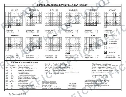 OXFORD AREA SCHOOL DISTRICT 2026-27 calendar