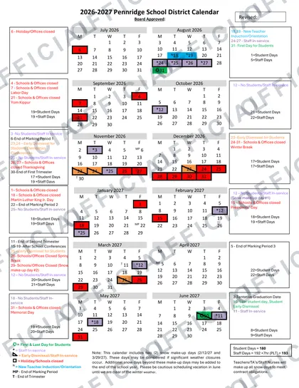 Pennridge School District 2026-27 calendar