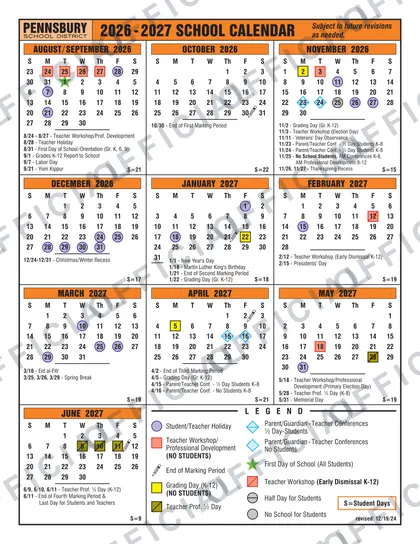 Pennsbury School District 2026-27 calendar