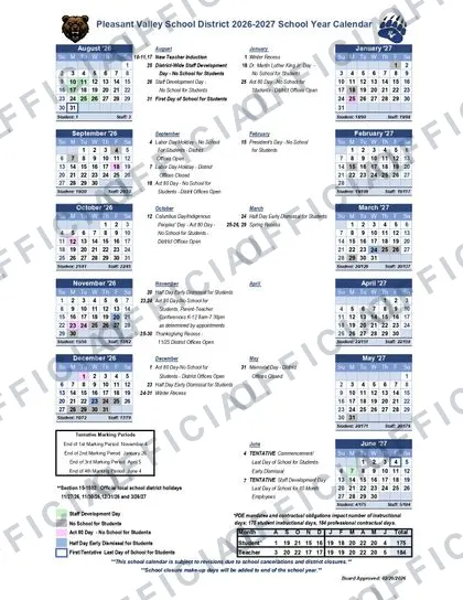 Pleasant Valley School District 2026-27 calendar