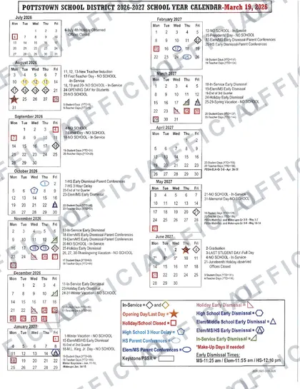 Pottstown School District 2026-27 calendar