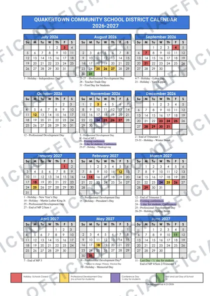 Quakertown Community School District 2026-27 calendar