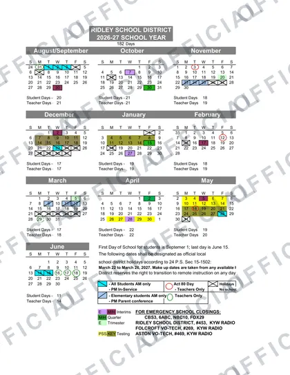 RIDLEY SCHOOL DISTRICT 2026-27 calendar