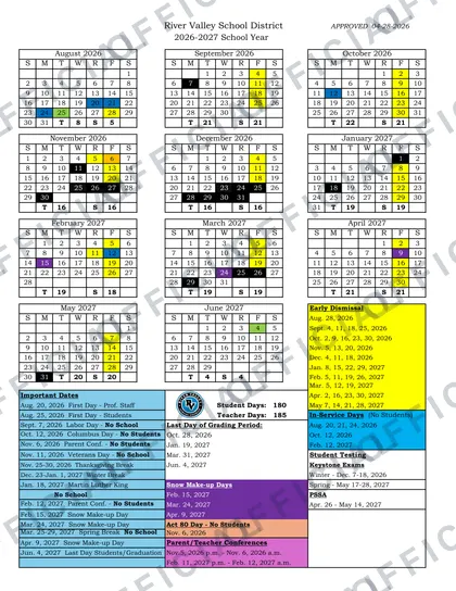 River Valley School District 2026-27 calendar