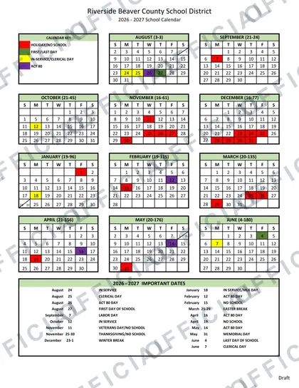 Riverside Beaver County School District 2026-27 calendar