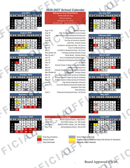 Selinsgrove Area School District 2026-27 calendar