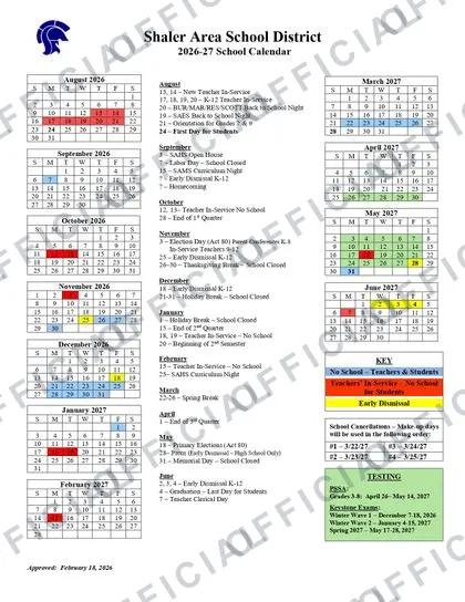 Shaler Area School District 2026-27 calendar