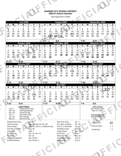 Sharon City School District 2026-27 calendar
