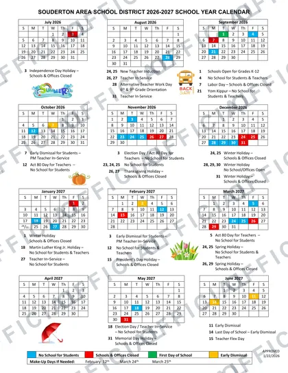 Souderton Area School District SASD 2026-27 calendar