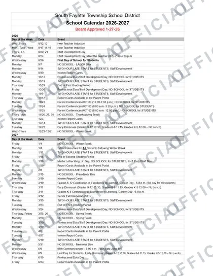 South Fayette Township School District 2026-27 calendar