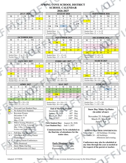 Spring Cove School District 2026-27 calendar