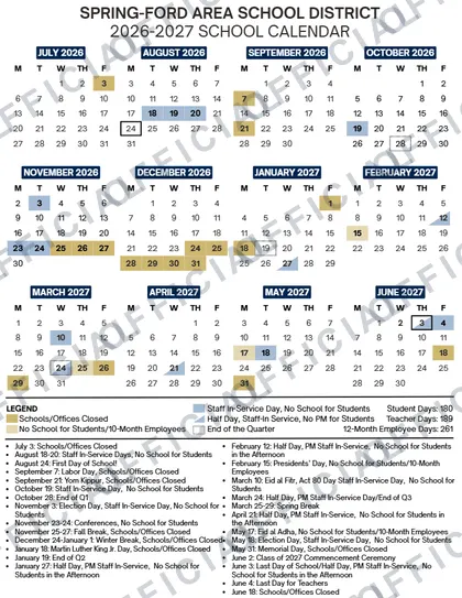 SPRING-FORD AREA SCHOOL DISTRICT 2026-27 calendar