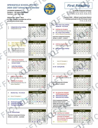 Springfield School District 2026-27 calendar