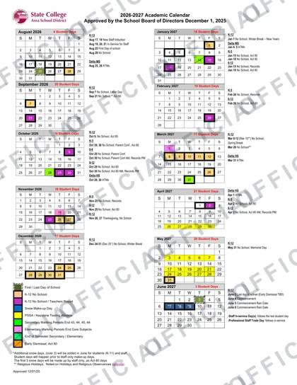 State College Area School District SCASD 2026-27 calendar