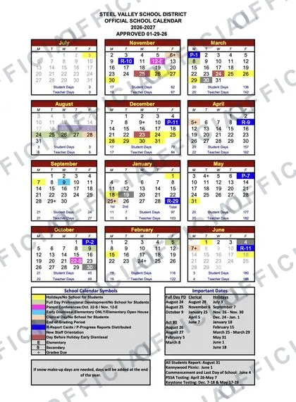 Steel Valley School District 2026-27 calendar