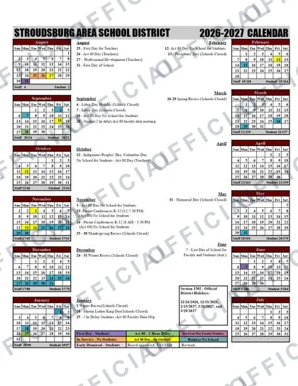 Stroudsburg Area School District 2026-27 calendar