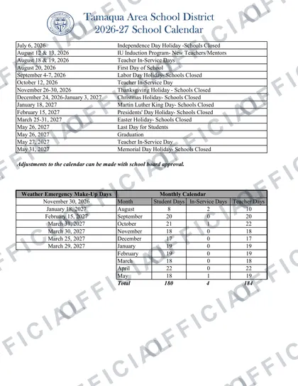 Tamaqua Area School District 2026-27 calendar