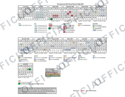 The Somerset Hills School District 2026-27 calendar