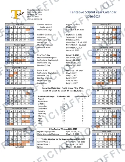 Titusville Area School District 2026-27 calendar