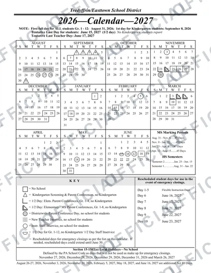 Tredyffrin-Easttown School District 2026-27 calendar