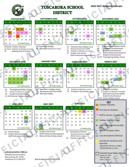 TUSCARORA SCHOOL DISTRICT 2026-27 calendar