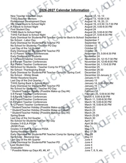 Twin Valley School District 2026-27 calendar