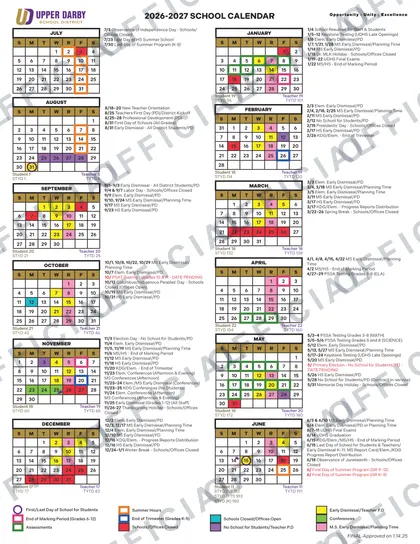 Upper Darby School District 2026-27 calendar