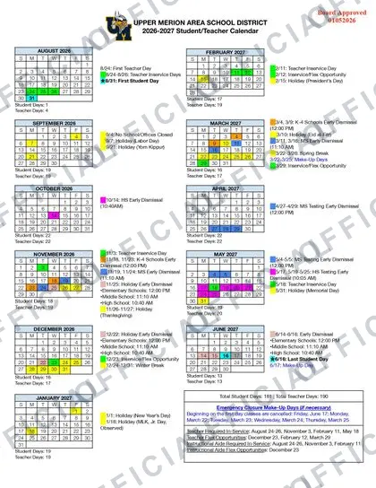 Upper Merion Area School District 2026-27 calendar