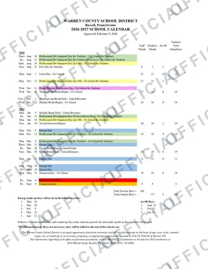 Warren County School District 2026-27 calendar