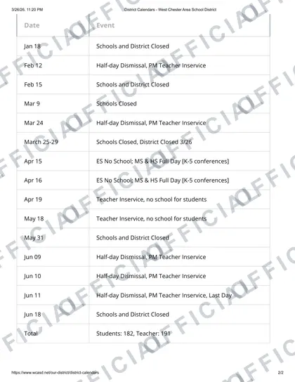 West Chester Area School District 2026-27 calendar