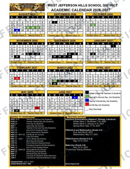 WEST JEFFERSON HILLS SCHOOL DISTRICT wjhsd 2026-27 calendar