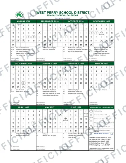 WEST PERRY SCHOOL DISTRICT 2026-27 calendar