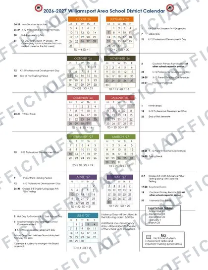 Williamsport Area School District 2026-27 calendar
