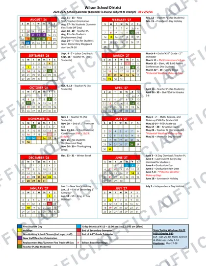 Wilson School District 2026-27 calendar