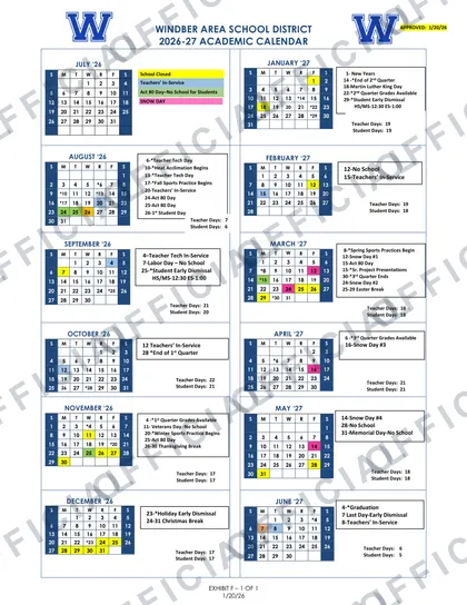 Windber Area School District 2026-27 calendar