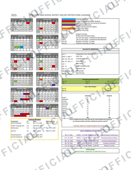 WYALUSING AREA SCHOOL DISTRICT 2026-27 calendar